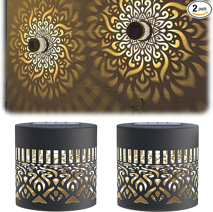 2Pcs Decorative Solar Mandala Lights, Metal Outdoor Waterproof Decorative Lights for Garden Patio Deck Steps, Solar Powered Wall Lantern for Yard Post & Front Door