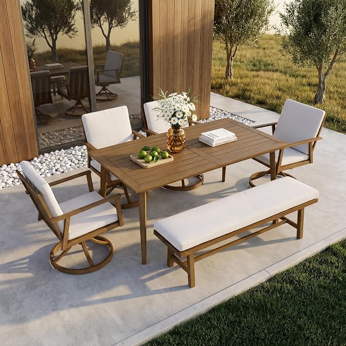 6-Piece Outdoor Table Set with Swivel Chairs & Bench, 6-Person Outdoor Rectangular Dining Table with Umbrella Hole, Faux Wood Grain Patio Table Set with Chairs for Garden Backyard Proch, Teak