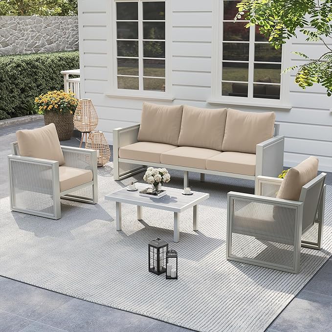 UDPATIO Aluminum Patio Furniture Set with Coffee Table, 4 Piece Aluminum Outdoor Furniture Set, Modern Patio Conversation Sets with Thickend Cushions and PE Rope, for Garden, Porch, Balcony, Beige