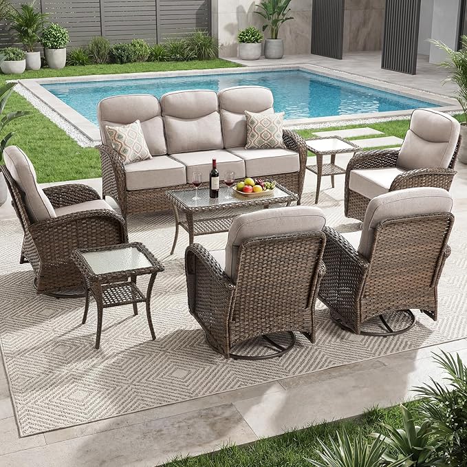 Outdoor Swivel Rocking Chair Patio Set (8pcs), High-Back - Thick Cushion Swivel Rocking Chair Patio Set, All-Weather Wicker Patio Furniture Set, Suitable for Balcony Patios, Brown/Beige
