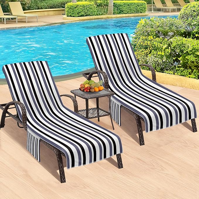 Lounge Chair Towel Cover, Beach Chair Covers (Pack of 2), Chaise Lounge Cover with 3 Pockets for Pool Beach Garden Courtyard Outdoor Trips, 85 x30 in, Striped Black Gray
