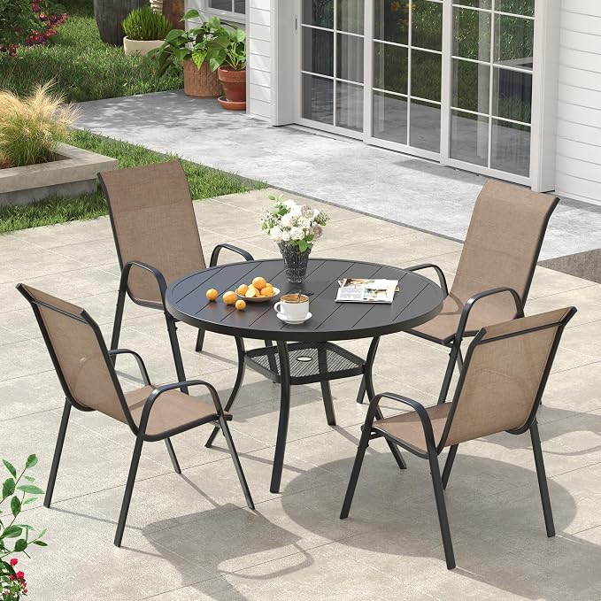 VICLLAX Round Patio Dining Set for 4, Metal Slatted Patio Table with Umbrella Hole and Stackable Patio Chairs for Deck Lawn Garden, Brown Fabric and Black Tabletop