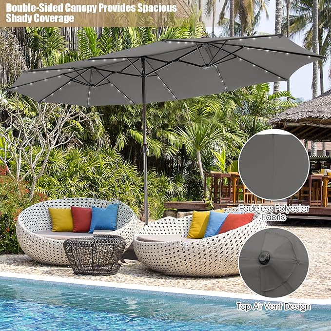 Giantex Large Outdoor Umbrella Double-Sided, 48 Solar Lights, Auto-Charging Solar Panel, Extra Large Patio Umbrella with Base and Crank, Outdoor Market Umbrellas for Poolside Garden