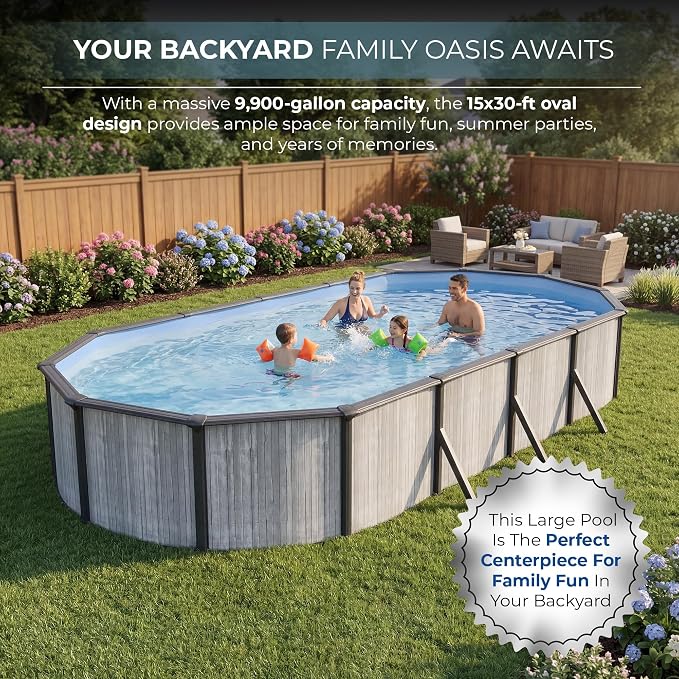 Blue Wave San Pedro 15x30-ft Oval 52-in Deep Hard Sided Steel Wall Above Ground Pool with 6-in Steel Top Seats, Dual-Speed Sand Filter System, Ladder, Skimmer & Liner – 9,900 Gallon Cap for Family Use