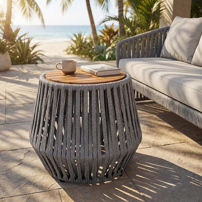 Outdoor Side Table, Acacia Wood & Grey Rope