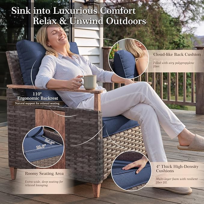 NestNook 5 Pieces Patio Furniture Set, Outdoor Conversation Set with All-Weather Handwoven PE Wicker Sofa, Rattan Chairs and Thick Cushion, Loveseat & Coffee Table for Backyard, Deck & Poolside, Blue