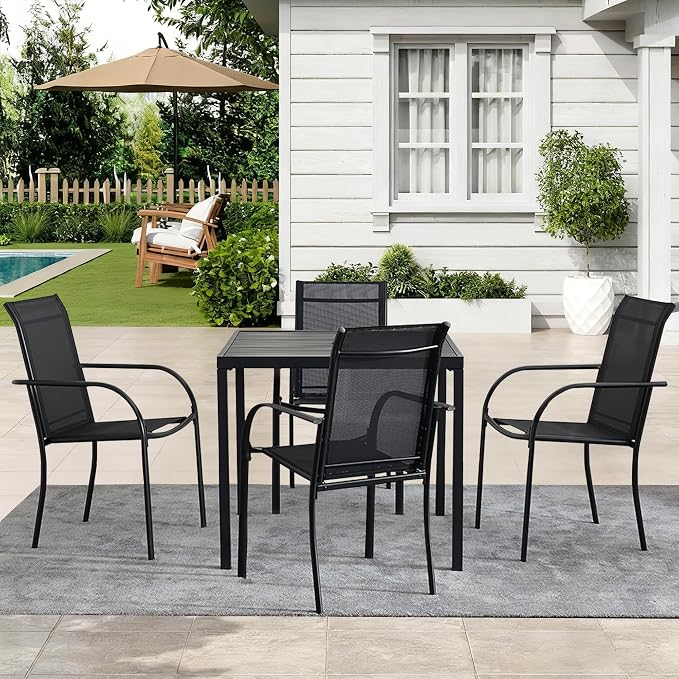 5-Piece Outdoor Dining Set, 35.5" Square Metal Patio Table with Black Chairs, Black Table with Umbrella Hole for Garden, Yard, Patio