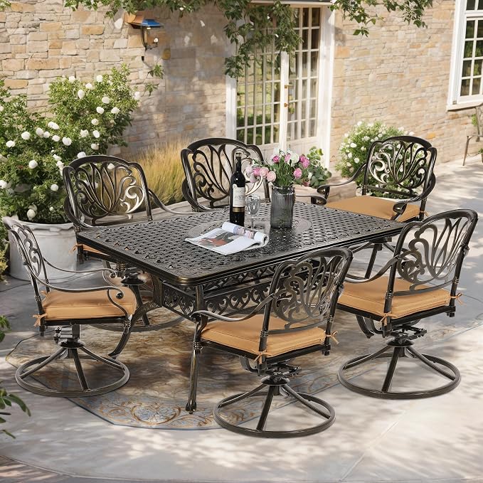 7-Piece Outdoor Patio Dining Set, 60” Rectangular Cast Aluminum Dining Table with Umbrella Hole and 6 Cushioned Swivel Rocker Chairs, Patio Funiture Set for Backyard, Patio, Garden