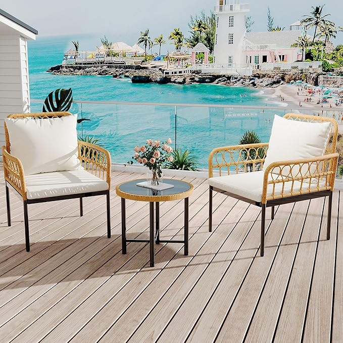 GarveeLife Wicker 3 Pieces Patio Bistro Sets Outdoor Conversation Sets with Glass Top Side Table and 2 Modern Rattan Chairs, Patio Furniture Set for Apartment, Backyard, Porch, Balcony, Lawn (Beige)