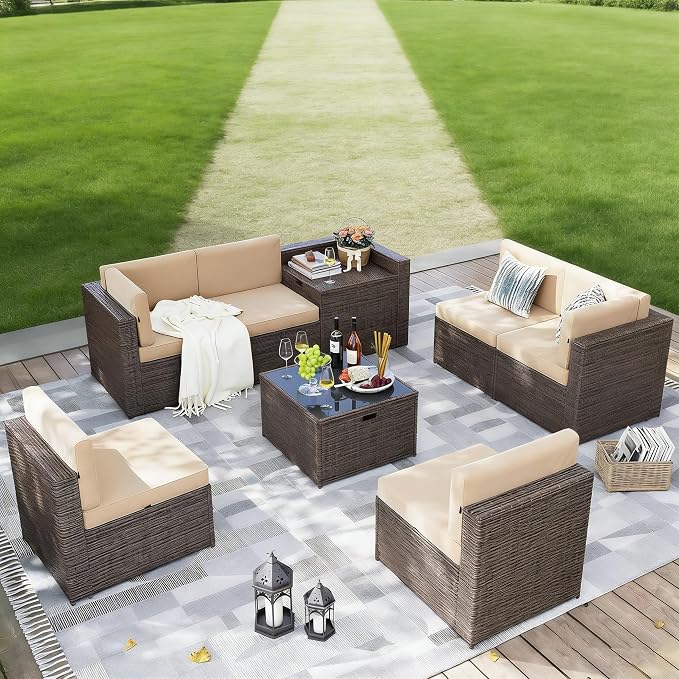 Aoxun 8 Piece Patio Furniture Set, Wicker Rattan Outdoor Furniture Set with Storage Box and Glass Top Table, Patio Sectional Set with Thick Cushions, Beige