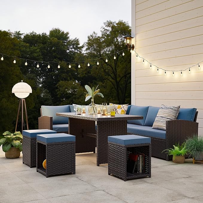 JOIVI Patio Furniture Set, 7 Piece Patio Dining Sofa Set, Outdoor Sectional Sofa Conversation Set All Weather Wicker Rattan Couch Dining Table & Chair with Ottoman, Aegean Blue