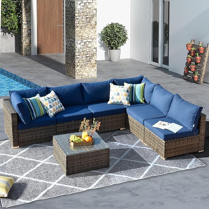 HOOOWOOO Patio Outdoor Sectional Furniture Sofa Set,7 Piece U Shaped Corner Wicker Rattan Couch Set,Rustic 6 Persons Summer Patio Conversation Set for Outside Porch Deck Garden(Navy Blue)