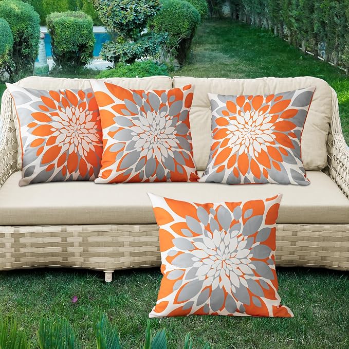 Pack of 4 Fall Outdoor Waterproof Pillow Covers 20x20 Decorative Outdoor Throw Pillows Garden Square Cushion Cases for Patio Furniture, Couch, Tent Sunbrella, Bench, Orange Grey