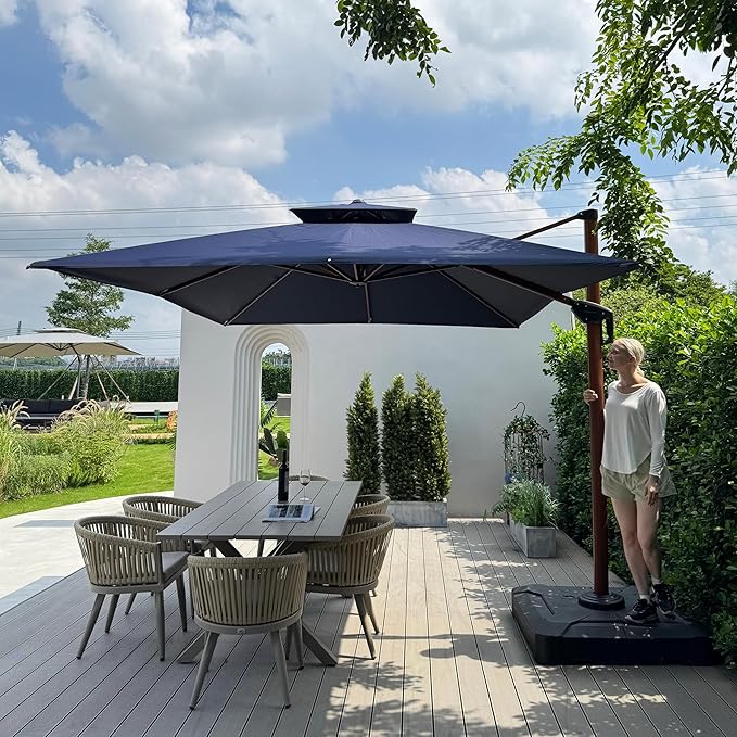 PURPLE LEAF 9' X 12' Double Top Deluxe Wood Pattern Rectangle Patio Umbrella Offset Hanging Umbrella Outdoor Market Umbrella Garden Umbrella, Navy Blue
