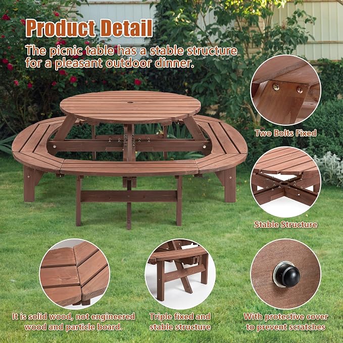 43.3'' Round Outdoor Dining Table Wooden Patio Dining Table & 1 Built-in Ring Stool for 10, 2" Umbrella Hole, Suitable for Backyard Garden Porch, Brown