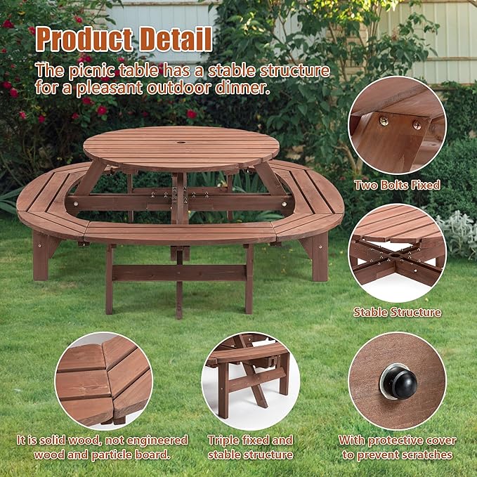10-12 Person Round Outdoor Table and Chairs for Patio, Backyard, Wooden Garden Picnic Table with Ring Benches