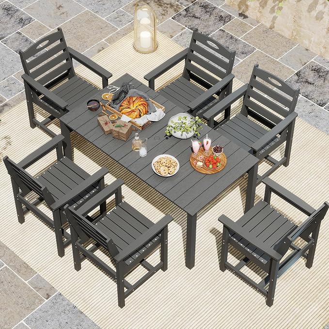 Domi HDPE Outdoor Dining Set, All-Weather 7 Piece Outdoor Dining Table Set with 2" Umbrella Hole, Outdoor Patio Dining Set for Garden, Poolside, Backyard, Deck, Grey