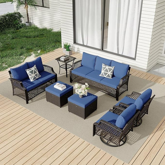 HOMREST 7 Piece Patio Furniture Set, Wicker Outdoor Conversation Sofa Set with Swivel Chairs, 2 Ottomans, Glass Side Table, Rattan Outdoor Sectional for Deck Backyard Porch （9 Seats, Navy Blue