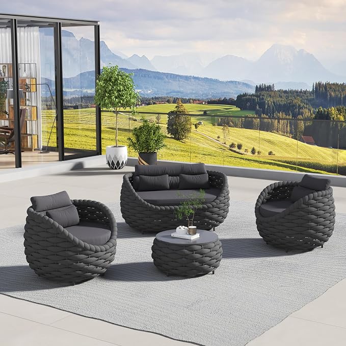 4 Pieces Set Aluminum Outdoor&Indoor Sofa, Modern Patio Furniture Set Conversation Set with Soft Cushion and Coffee Table for Balcony Garden，Black