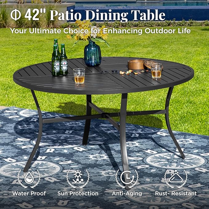 MIXPATIO 5 Pieces Patio Dining Set, Outdoor Table and Chairs, 1 x 42 Round Black Table and 4 x Textilene 360-Degree Swivel Dining Chairs with 15° Rocking Motion, for Cozy Garden, Grayish Brown
