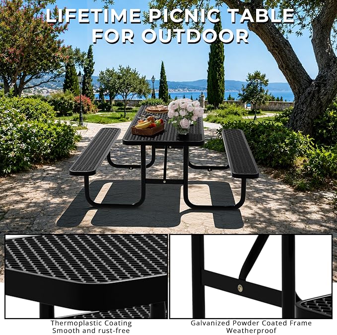 6FT Rectangular Steel Outdoor Picnic Table, Commercial Picnic Table Bench Set with Umbrella Hole, Weather-Resistant Heavy Duty School Dining Table for Stores, Park, Patio, Garden, Backyard, Black