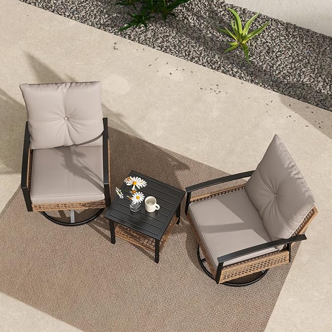 3 Pieces Patio Bistro Set, Outdoor Wicker Swivel Rocking Chairs with High Back, Rocking Patio Conversation Set with Table, Patio Swivel Glider Chair, Patio Furniture Sets, Off-White