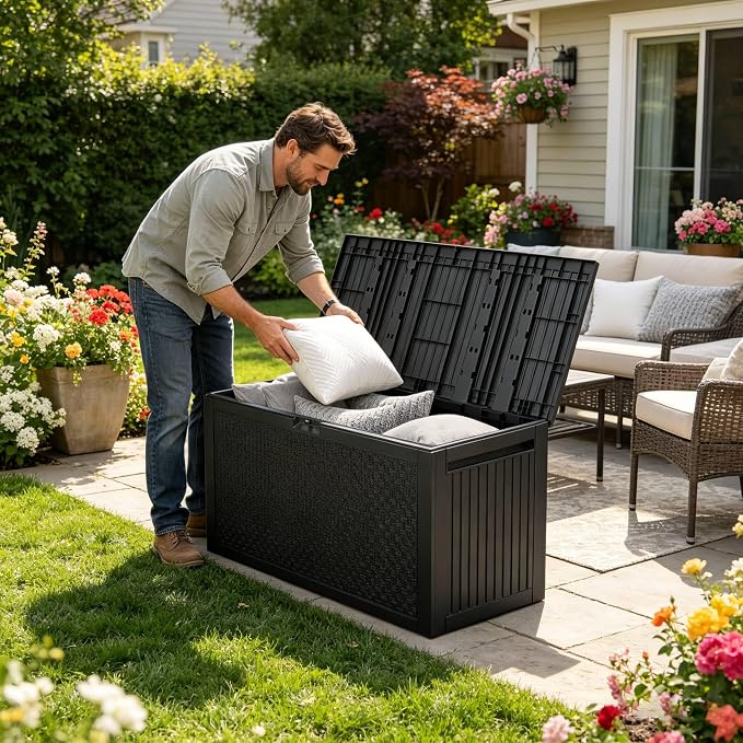 90 Gallon Large Outdoor Storage Box, Indoor and Outside Deck Box with Lockable Design Lids, Waterproof Resin Storage Containers Bin for Garden, Garage, Patio, Poolside, Toy Storage Black