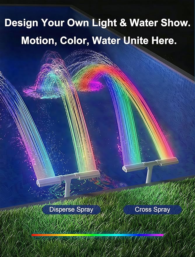 POOLHOUR Pool Fountain with 10 Colors Rainbow Lights for Above Ground/Inground Pools, Dual-Head Adjustable Pool Waterfall & Pool Sprinkler with Timer, 5000mAh Battery, Remote-Controlled, Grey