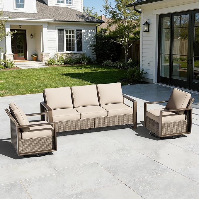 Wicker Patio 75" Sofa Set with 2 Swivel Chairs, All Weather Rattan Outdoor Conversation Furniture Set with Wood-Looking Metal Armrest & Removable Cushions for Backyard Porch, Beige