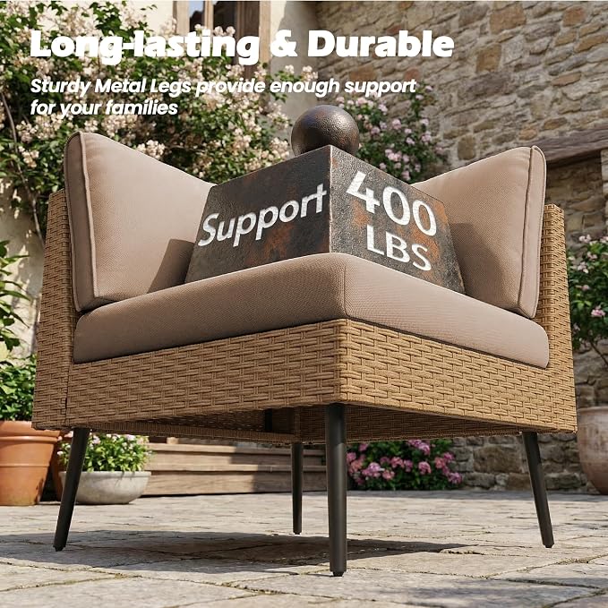 Vikiullf Outdoor Wicker Sectional Sofa Set, L-Shaped Patio Conversation Set with 4" Cushions, Boho Rattan Furniture for Backyard Poolside Deck (Khaki, 5 Pieces)