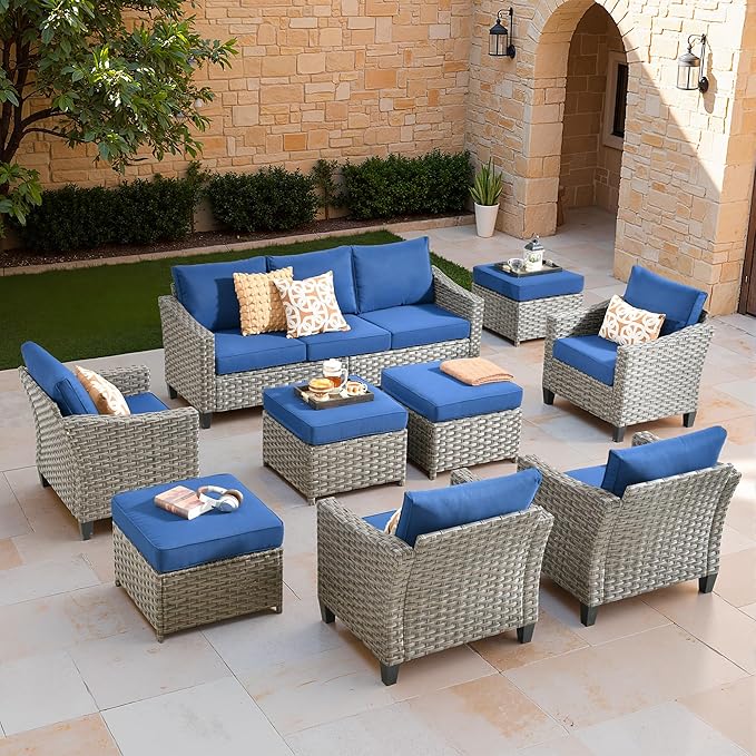 Patio Furniture Set, 7 Pieces Outdoor Wicker Rattan Sofa Couch with 4 Chairs, Ottomans and Comfy Cushions, All Weather High Back Conversation Set Garden Backyard, Brown Rattan Blue Cushions