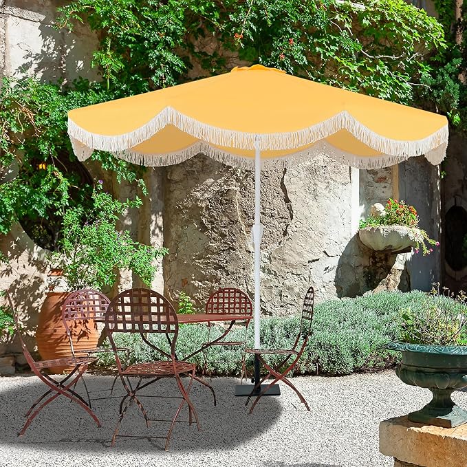 Tempera 9ft Yellow Scalloped Patio Umbrella with Fringe,UV Protection Fade Resistant Canopy, 8 Sturdy Ribs, Outdoor Table Umbrella with Crank Tilt for Lawn, Pool, Deck, Balcony