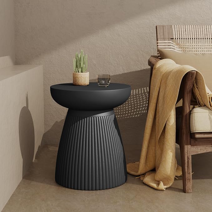 Christopher Knight Home Round Side Table, Outdoor Concrete End Table, Vertical Texture Accent Table, Decorative Side Table, Stylish End Table for Patio Balcony Beach Pool Side, Matte Black