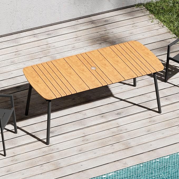 70" Outdoor Dining Table for 6, Brown Patio Table | 1.6" Umbrella Hole Rectangle Table with Aluminum Frame and Waterproof Wood Grain Tabletop for Lawn Backyard Garden Poolside