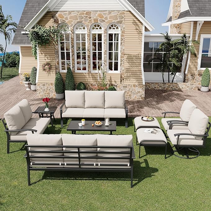 HOMREST 9 PCS Outdoor Patio Furniture Set with 2 Swivel Rocking Chairs and Metal Coffee Side Table, Patio Conversation Set with 2 Ottomans and 2 3-Seat Sofas, Loveseat for Big Garden, Deck, Poolside
