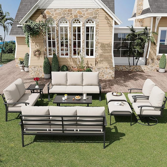 HOMREST 9 PCS Outdoor Patio Furniture Set with 2 Swivel Rocking Chairs and Metal Coffee Side Table, Patio Conversation Set with 2 Ottomans and 2 3-Seat Sofas, Loveseat for Big Garden, Deck, Poolside