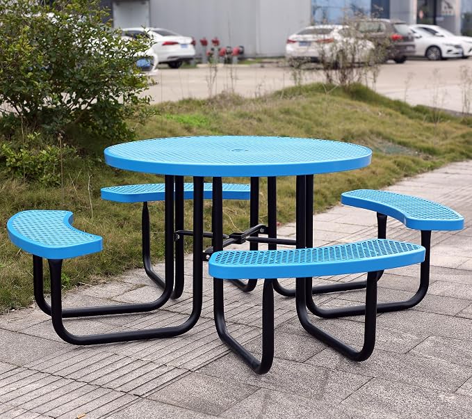 8-Person Picnic Tables for Outdoors, Industrial 46" Expanded Metal Round Picnic Table with 4 Benches & Umbrella Hole, Outside Table and Bench Set for Park, Garden, Backyard, Patio, Blue