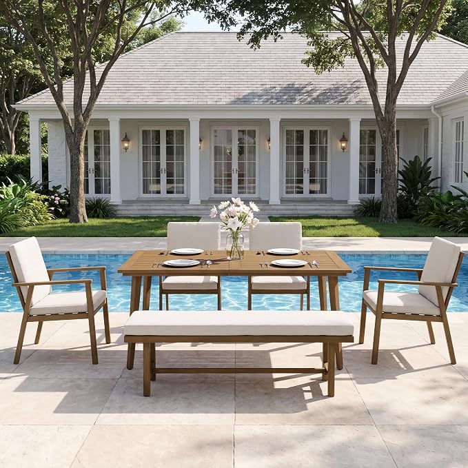 6-Person Outdoor Table Set with Chairs & Bench, 6-Piece Outdoor Rectangular Dining Table with Umbrella Hole, Rust-Resistant Faux Wood Grain Patio Table Set for Garden Backyard Poolside, Teak