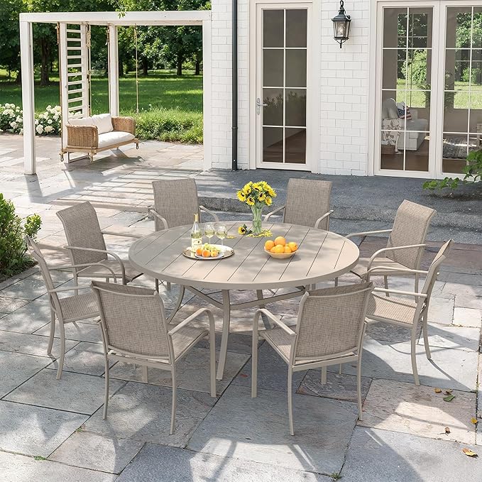 VICLLAX 9 Pieces Patio Outdoor Dining Set, 53" Round Metal Table with Umbrella Hole and 8 Stackable Textilene Chairs for Patio, Lawn, Garden, Porch, Sandshell