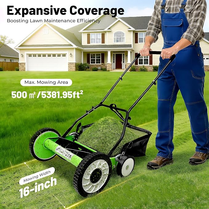 Push Reel Lawn Mower 16 inch, 5 Blades Manual Push Mower with Grass Catcher Bag, 1.34-2.52 in Adjustable Cutting Height for Small Medium Lawns, Yards, Driveways