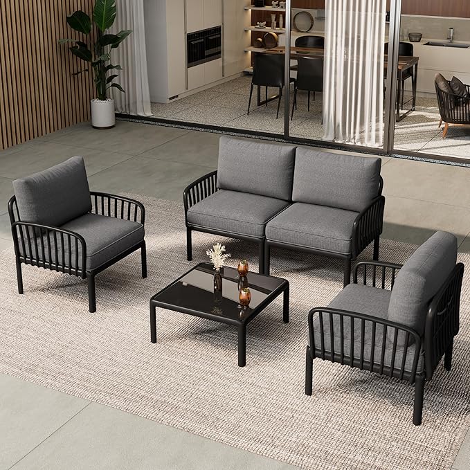 Christopher Knight Home Landon 4 Pieces Patio Conversation Set, Loveseat and Coffee Table Set, Accent Chairs, Club Chair with Cushion, Sofa Chair with Table Set for Balcony Garden, Black+Dark Gray