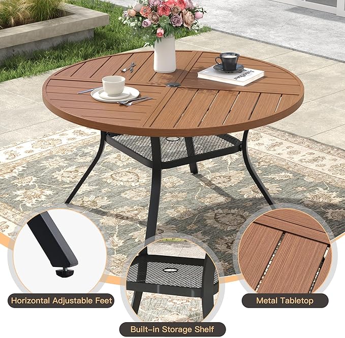 7 Pieces Outdoor Dining Set, Stackable Textilene Paito Chairs & 47.1" Round Dining Table with Umbrella Hole and Shelf, Patio Dining Set for Backyard, Deck, Garden, Brown & Walnut