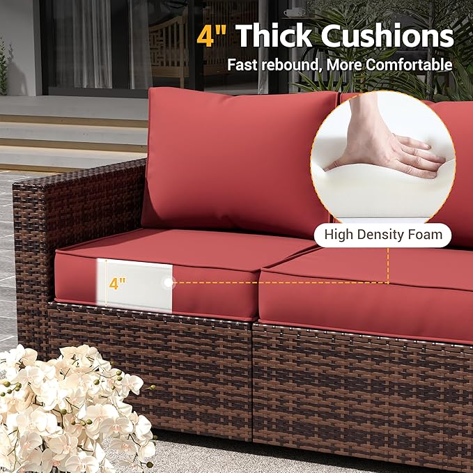 Amopatio Patio Furniture Set, Outdoor Furniture Wicker Rattan Sofa, Outdoor Sectional with Ottomans, Patio Set for Backyard Porch Balcony (Burgundy)