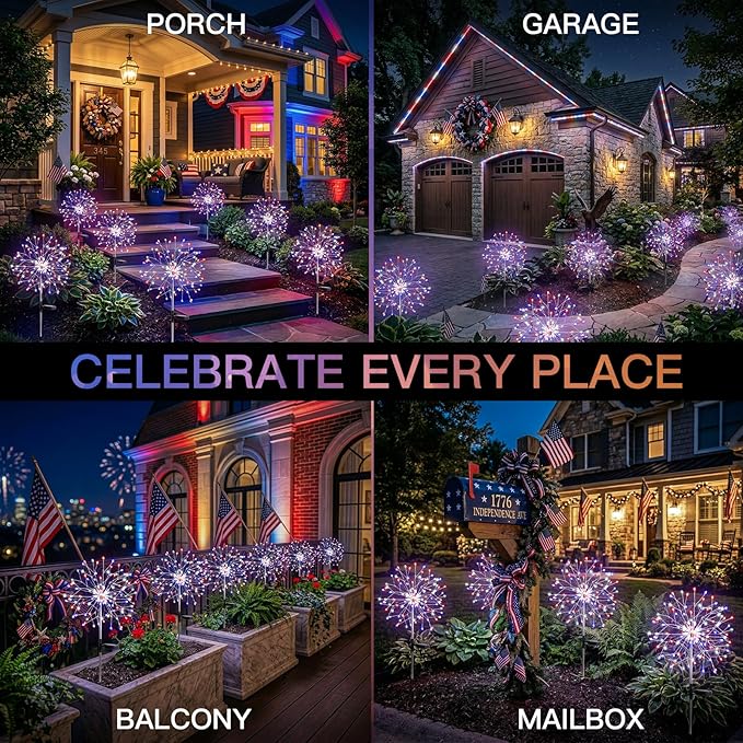 suddus 4th of July Decorations Solar Garden Lights, Upgrade 2Pack 150LED Red White Blue Solar Firework Lights with 8 Modes Outdoor, Starburst Fairy Lights Waterproof Yard for Independence Day Decor