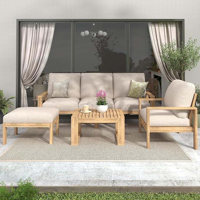Christopher Knight Home Kayahs 4 Pieces Acacia Wood Furniture Set, Patio Conversation Sofa Chat Set with Coffee Table and Otoman, Outdoor Sofa Chair Set for Garden Porch Backyard Balcony, Teak+Beige