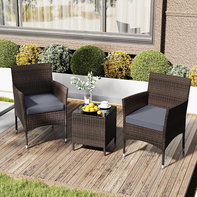 RELAX4LIFE 3-Piece Patio Furniture Set - Rattan Wicker Outdoor Conversation Set w/Cushions & Glass Coffee Table, Balcony Furniture for Porch Garden Backyard, Bistro Table and Chairs Set of 2 (Grey)