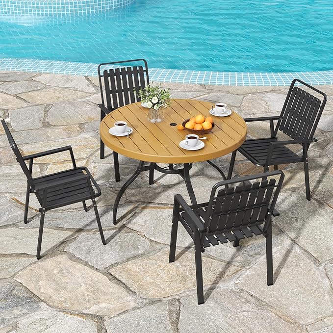 41" Round Outdoor Dining Table for 4, Metal Round Patio Table with Umbrella Hole, All-Weather Outdoor Patio Dining Table for Lawn Garden Deck Backyard (Brown)