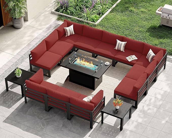 NICESOUL 12 Person Modern Aluminum Outdoor Patio Furniture Set with Firepit & Side Table, 29" Wide Deep Seating, L Shaped Modular Sectional Couch, Oversized Conversation Set for Backyard, Burgundy