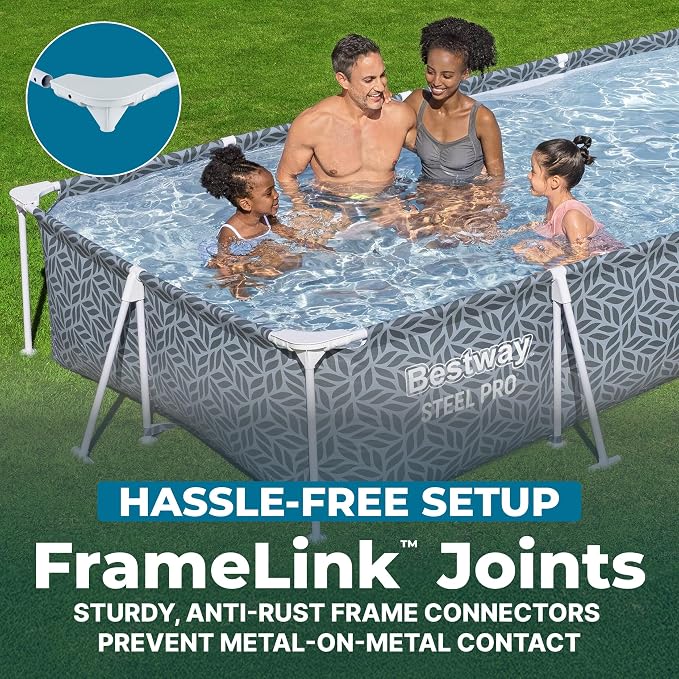 Bestway Steel Pro 12' x 6' 7" x 26" Rectangle Above Ground Outdoor Swimming Pool Set with DuraPlus Liner and FrameLink System, Gray
