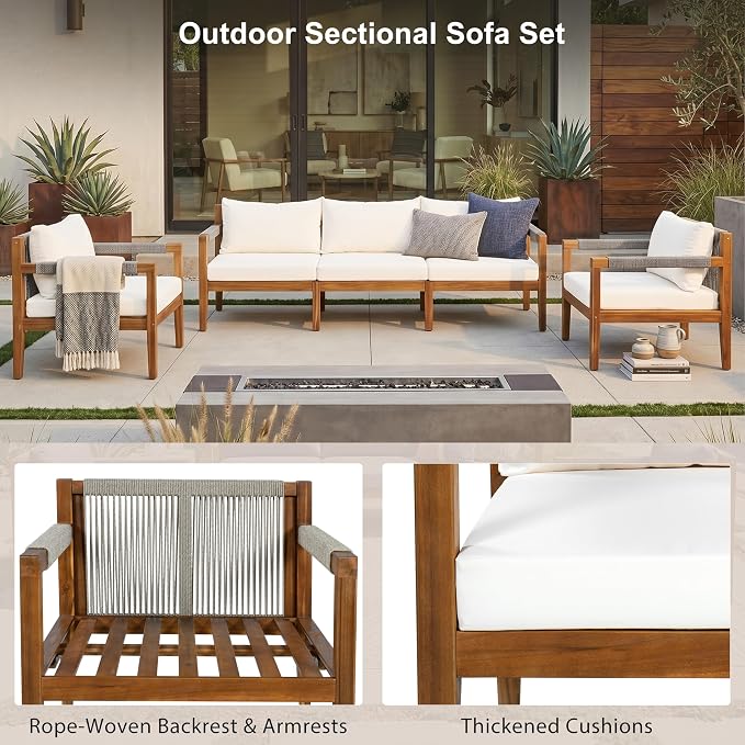 JIVOIT 3 Pieces Outdoor Rope Woven Sectional Sofa Set, Solid Acacia Wood Patio Conversation Set with Three-Seater Sofa and 2 Armchairs, Removable Cushions for Backyard, Deck and Poolside (Beige/24)